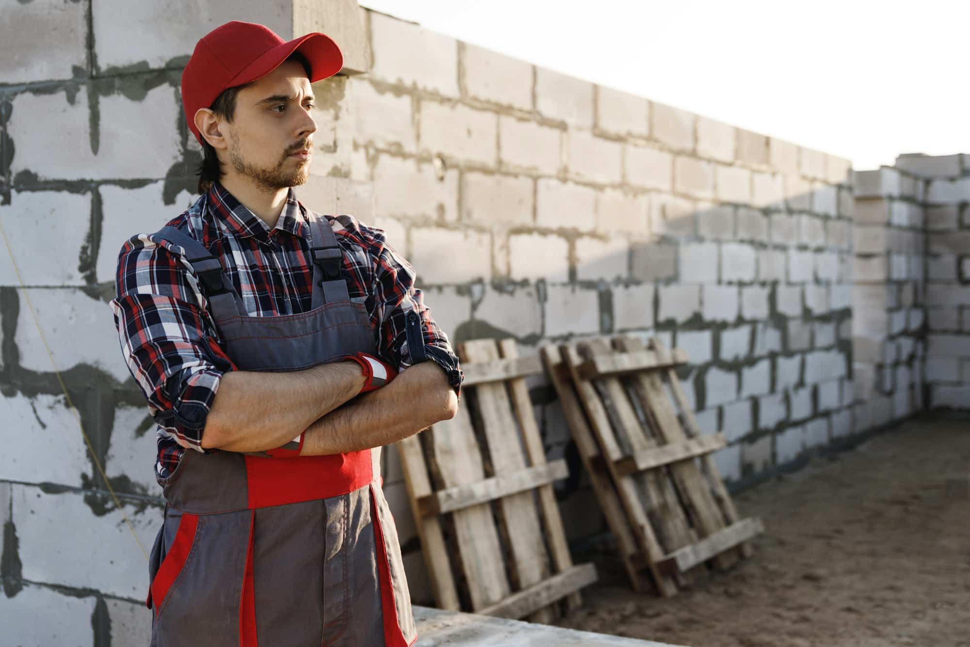 Professional bricklayer man at the construction site